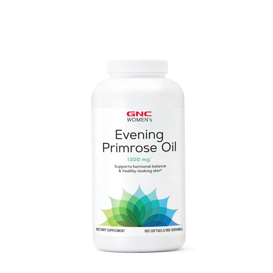 GNC Women's Evening Primrose Oil softgels close-up for skin support and hormone balance.