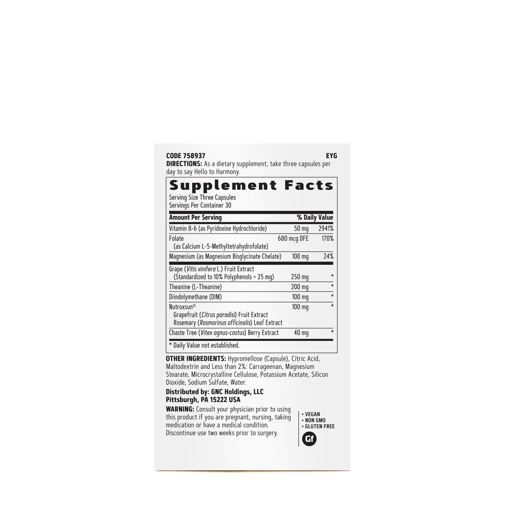 GNC Women's Hello Harmony capsules support routine mood and stress management.