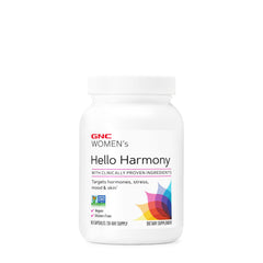 GNC Women's Hello Harmony label highlights vegan and gluten-free ingredients.