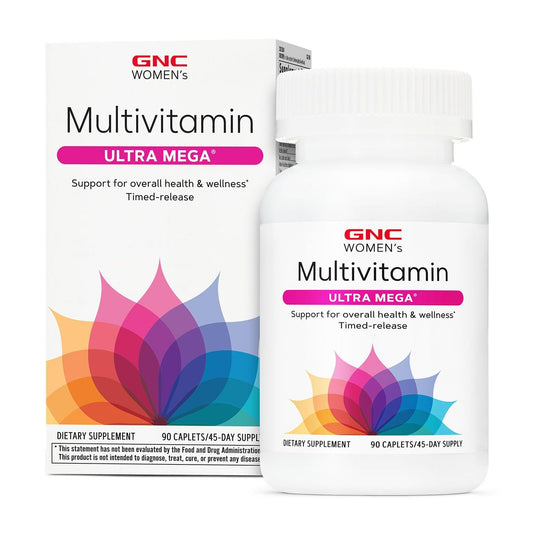 GNC Women’s Ultra Mega multivitamin caplets bottle supports daily energy and immune health