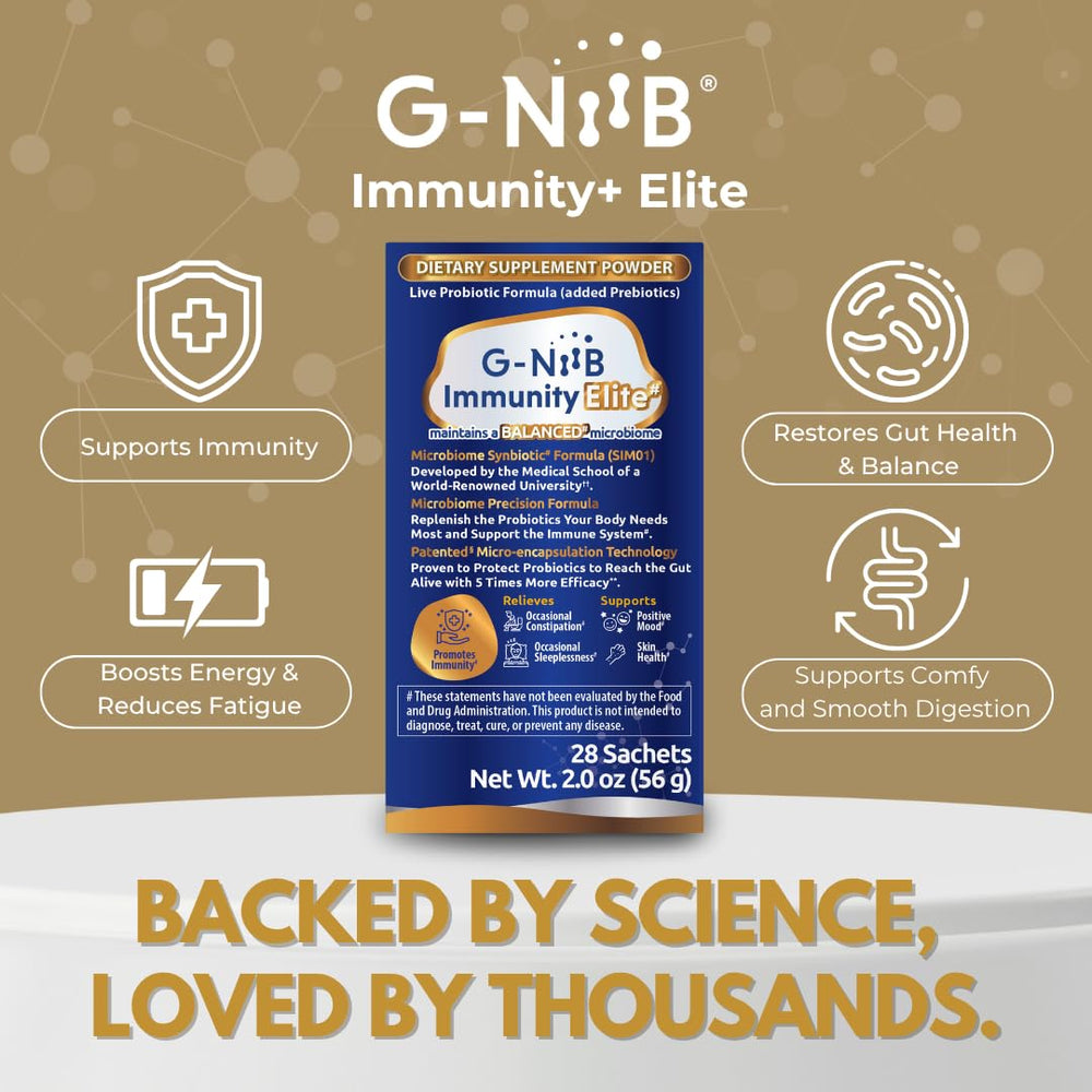 G-NiiB Immunity Elite powder in water demonstrating quick, tasty mixing.