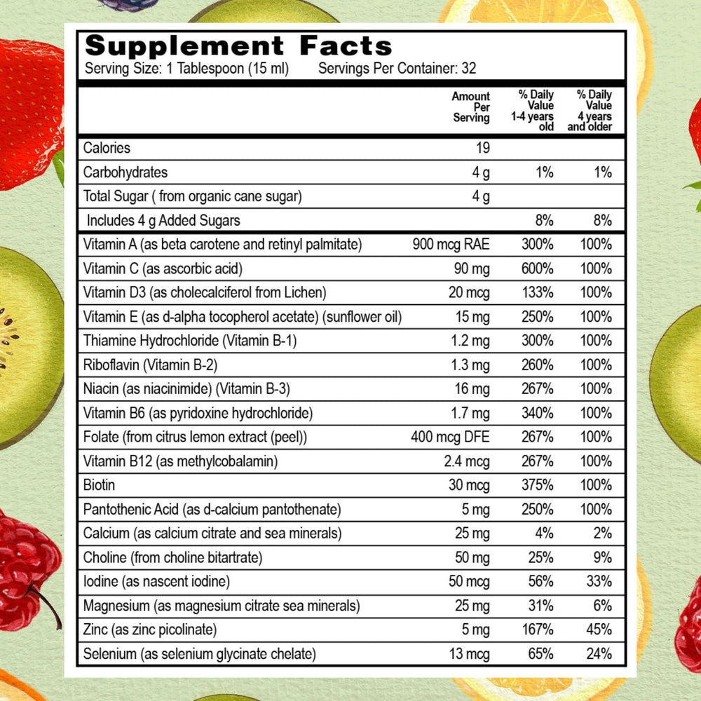 Peach mango flavored Go Healthy Natural Kids Liquid Multivitamin appeals to kids