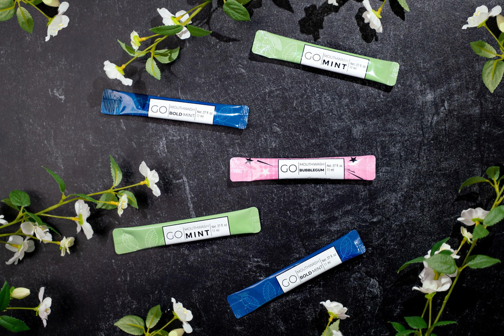 Go Mouthwash Bold Mint spill-proof packets packaging, mess-free convenience for guests.