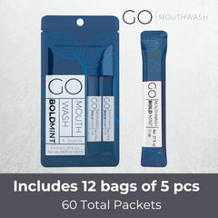Go Mouthwash Bold Mint travel packet back view, TSA-friendly travel size for flights.