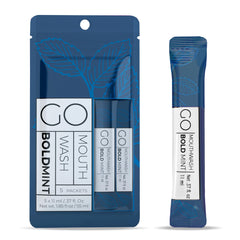 Go Mouthwash Bold Mint travel packet front view for on-the-go freshness.
