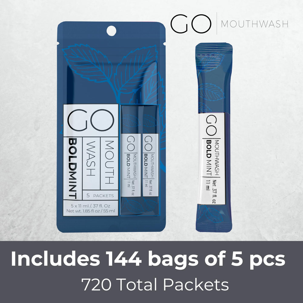 Go Mouthwash Bold Mint travel packet packaging highlights spill-proof design.