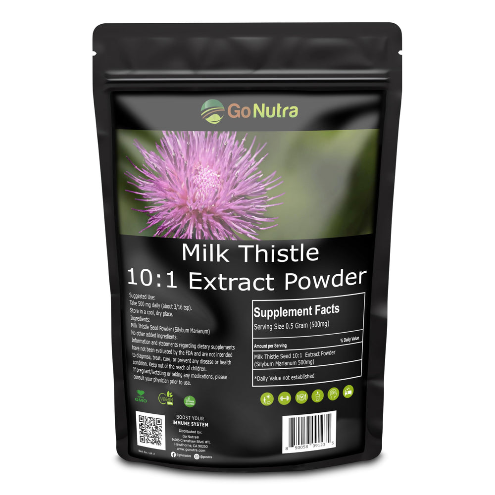 Go Nutra Milk Thistle Powder bottle with seal—convenient antioxidant support for daily wellness.