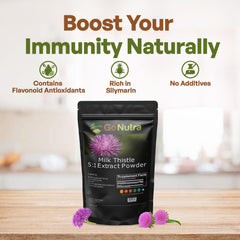 Go Nutra Milk Thistle Powder being poured—concentrated 10:1 extract for easy use.