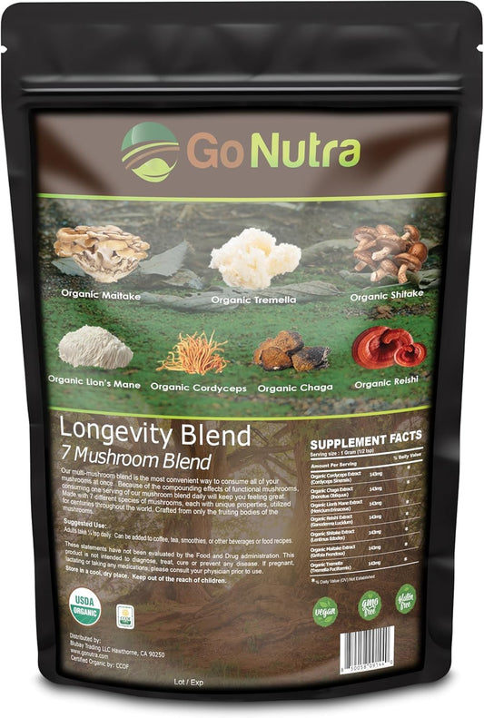Go Nutra organic 7 mushroom powder canister for daily vitality
