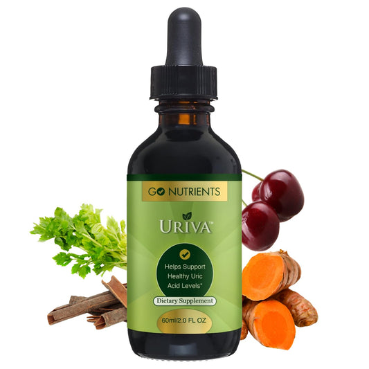 Go Nutrients Uriva bottle pour demonstrates convenient daily dosing for uric acid support.