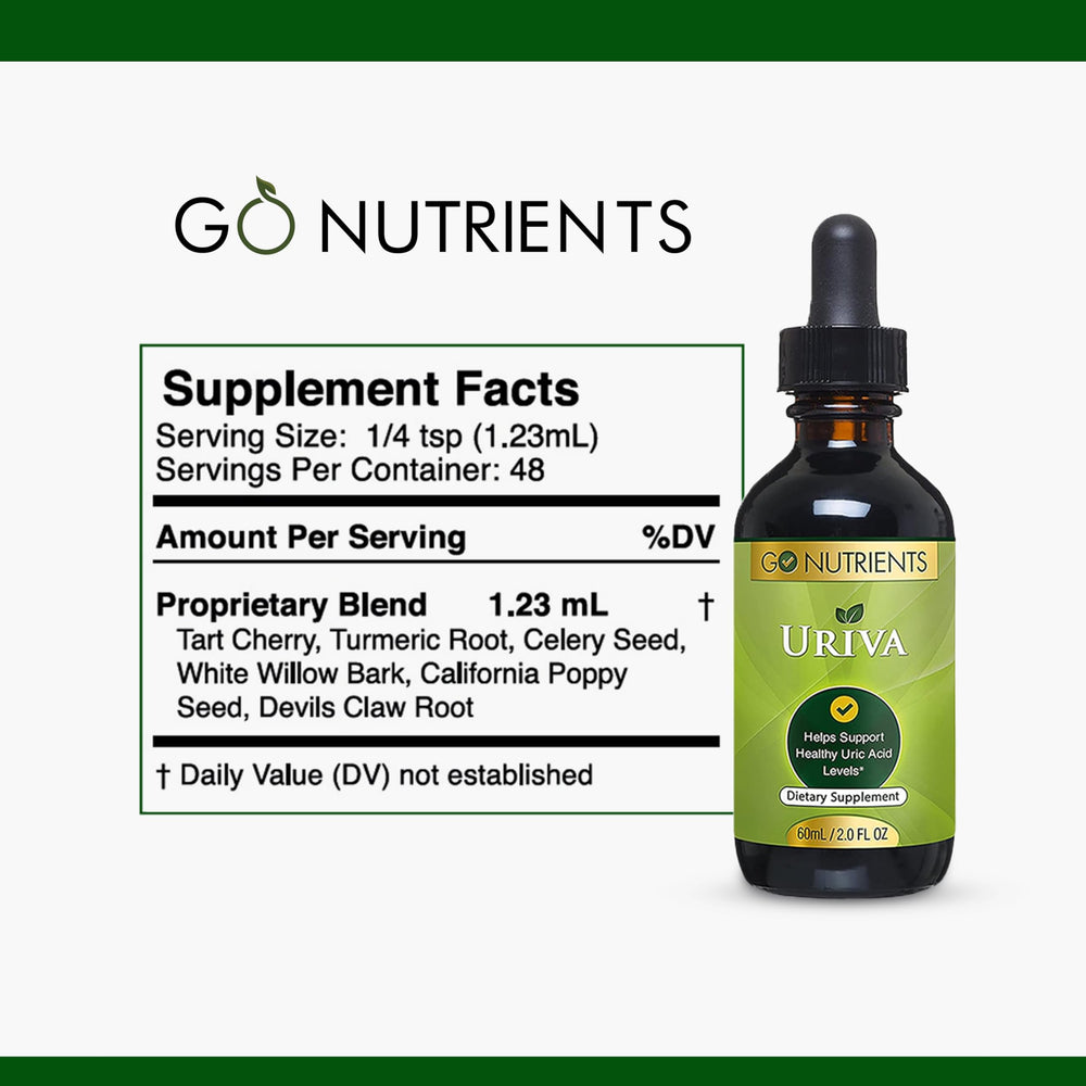 Go Nutrients Uriva 25 drops dosing illustrates simple, consistent daily routine.