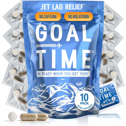 Goal Time jetlag relief pills packaging shown as travel-ready solution for professionals on the go