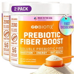 GoBiotix fiber powder bottle pouring into a glass for smooth daily digestion support.