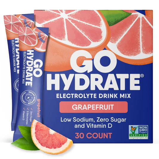 GoHydrate grapefruit electrolyte packet for quick, sugar-free hydration on the go.