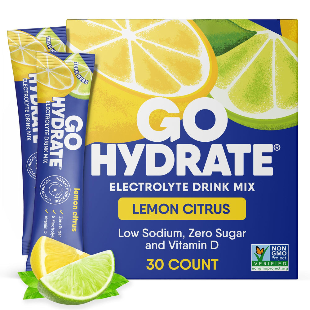 GoHydrate lemon citrus instant hydration packets ready to mix.