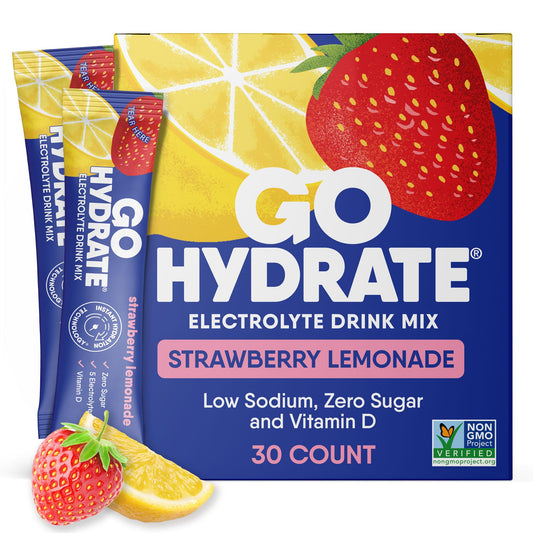 GoHydrate Strawberry Lemonade packets for quick hydration with zero sugar.