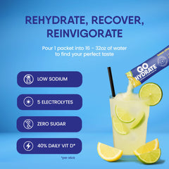GoHydrate sugar free powder dissolves easily for sugar conscious hydration.