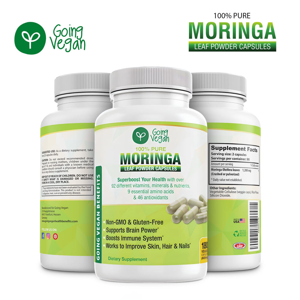 Going Vegan Moringa capsule label highlights non-GMO and gluten-free features.