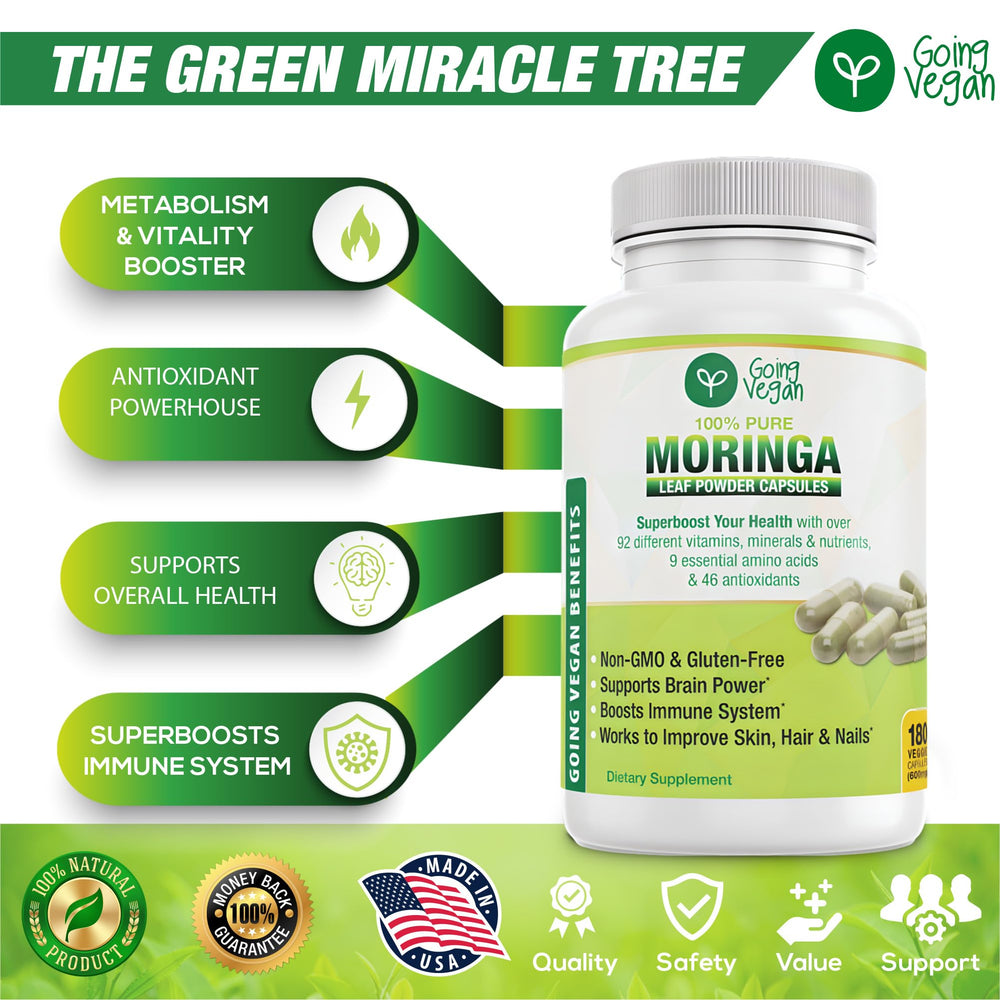 Going Vegan Moringa capsules being poured for convenient dosing.