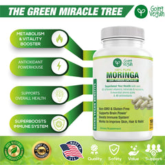 Going Vegan Moringa capsules being poured for convenient dosing.