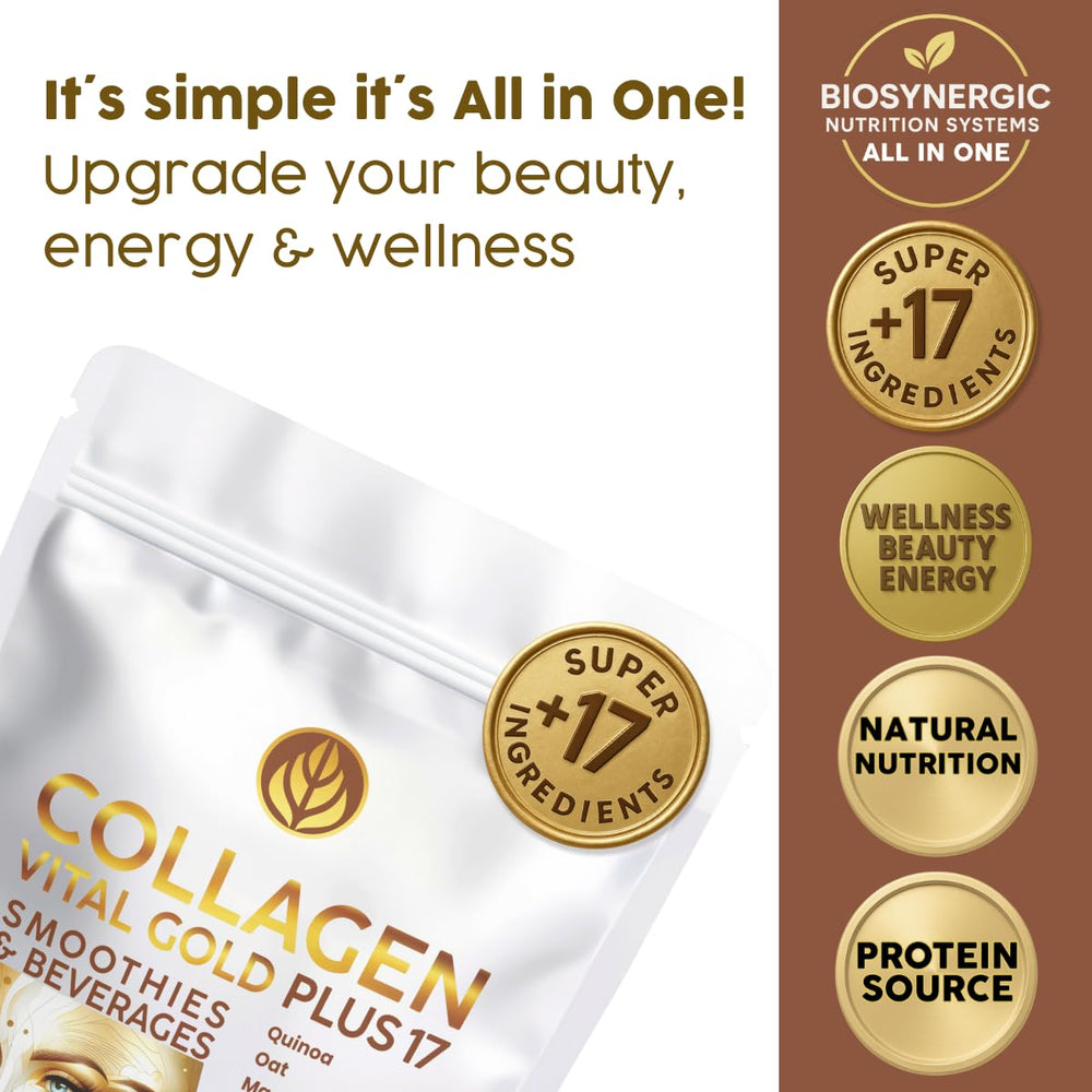 Gold Vital Life +17 superfood ingredients bottle highlighting enhanced daily nutrition.