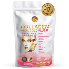 Gold Vital Life collagen bottle with red berries flavor promotes daily beauty and vitality