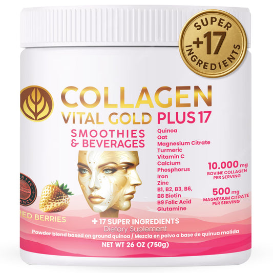 Gold Vital Life collagen powder bottle highlighting hydrolyzed peptides for daily skin and joint support.