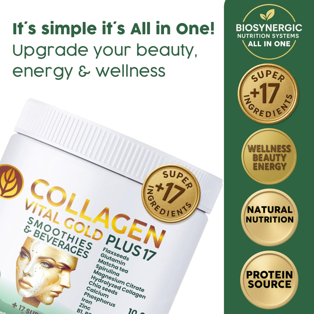 Gold Vital Life collagen powder poured into water showing quick mixability.