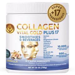 Gold Vital Life collagen powder vanilla bottle for skin elasticity and beauty support.