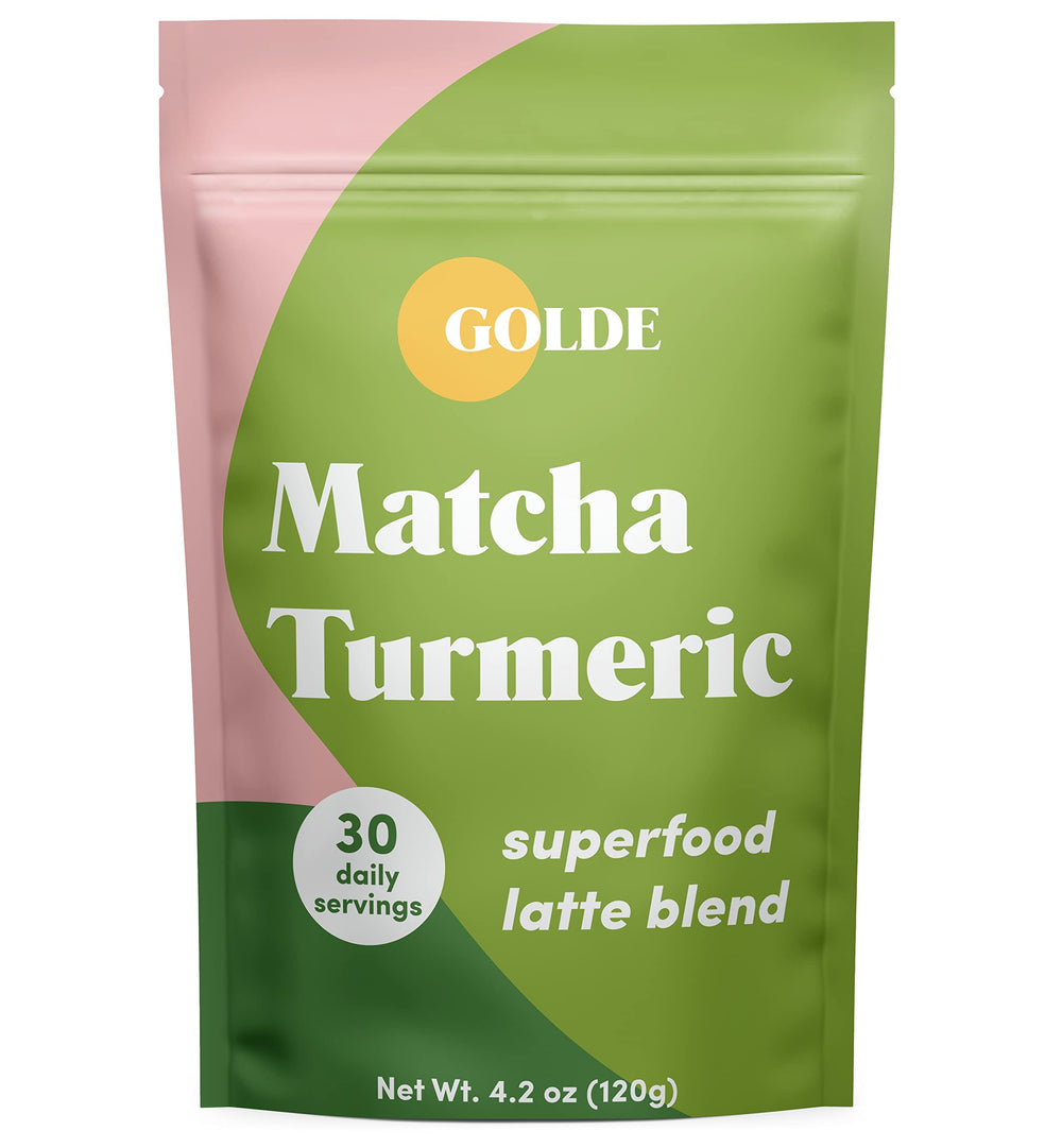 GOLDE Matcha Turmeric latte blend in a jar for gentle energy.