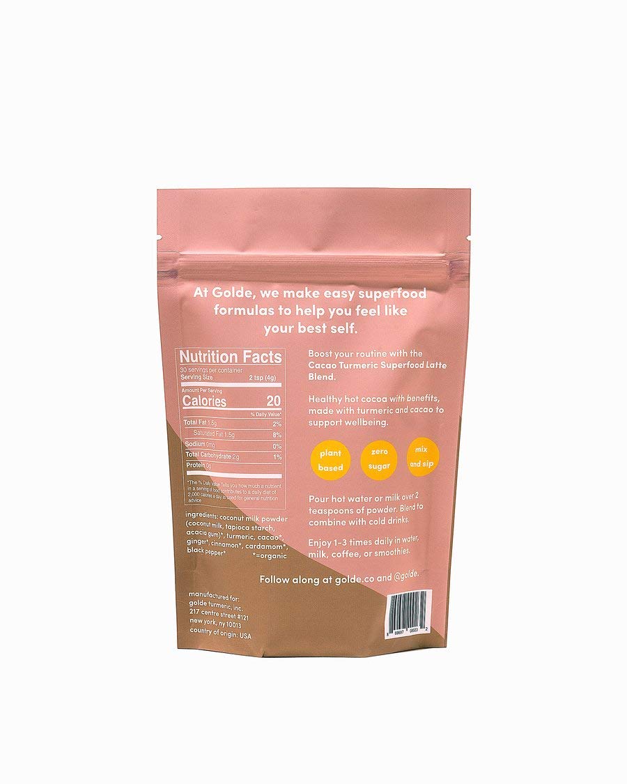 GOLDE cacao turmeric latte in mug offers warm, chocolate-spiced comfort