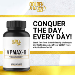 Close-up of Golden After 50 VpMax-9 capsules for easy daily intake