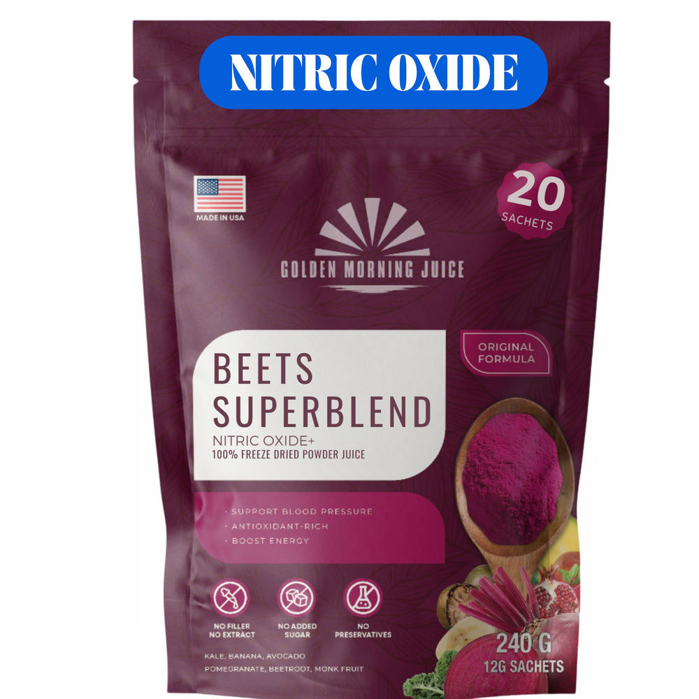 Golden Morning Juice beets blended powder bottle on counter for daily energy