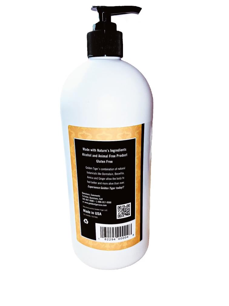 Golden Tiger 32oz packaging shown for home or clinic use with chronic aches.