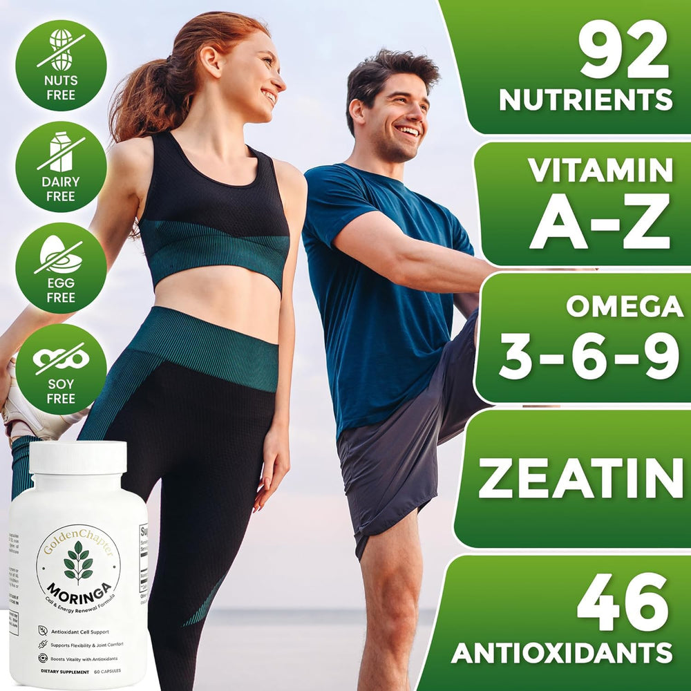 GoldenChapter Pure Moringa Capsules ingredients closeup suggesting antioxidant-rich plant nutrients.