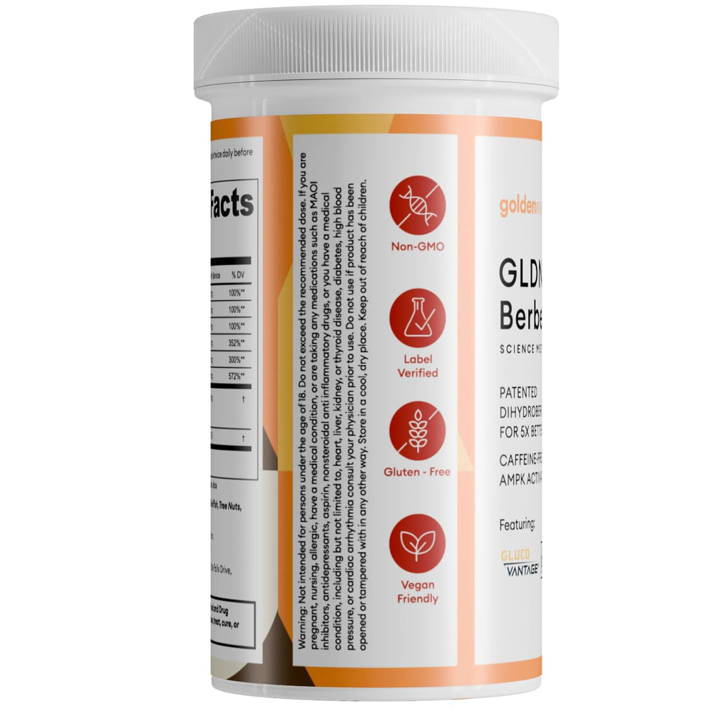 GoldenRoot GLDN Berberine vegan friendly seal indicating plant‑based capsules.