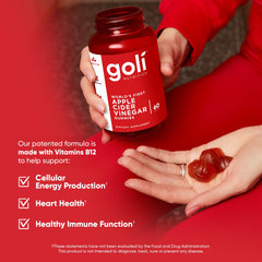 Goli ACV Gummies bottle label closeup highlighting B12 for energy support.