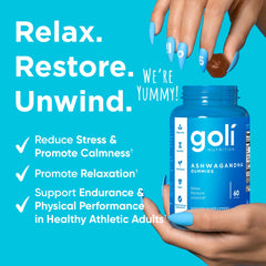 Goli Ashwagandha Gummies with Vitamin D label highlights blend.