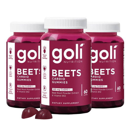 Goli Beets Cardio Gummies bottle featuring CoQ10 for daily energy support.