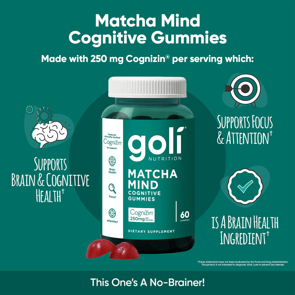 Goli Matcha Mind bottle on a desk beside a notebook for study
