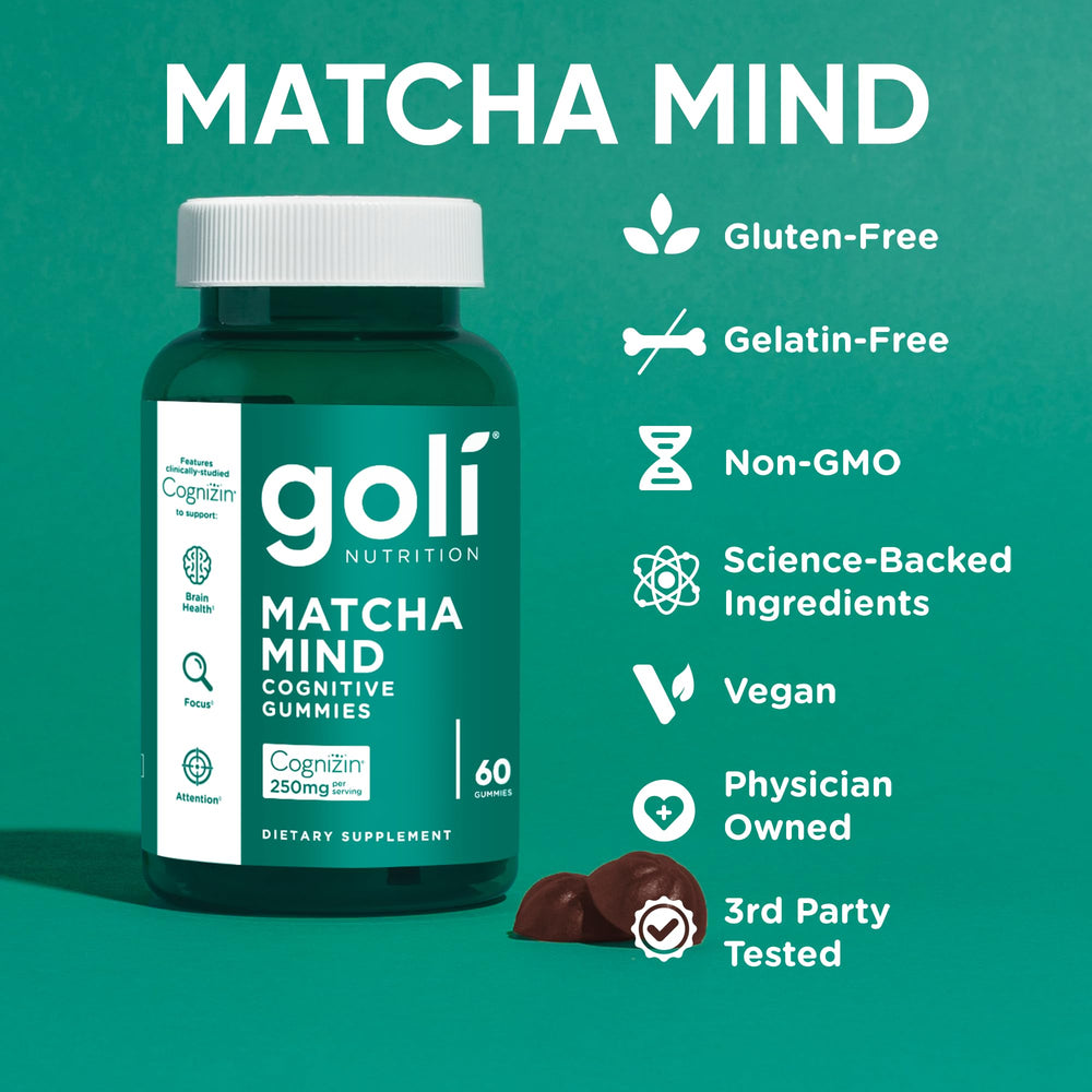 Goli Matcha Mind gummies with gluten-free and non-GMO icons