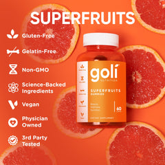 Goli Superfruits Beauty Gummies jar beside fruits implies natural flavor