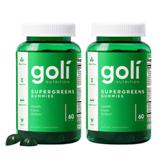 Goli Supergreens bottle with gummies, showcasing vegan, gluten-free daily greens.