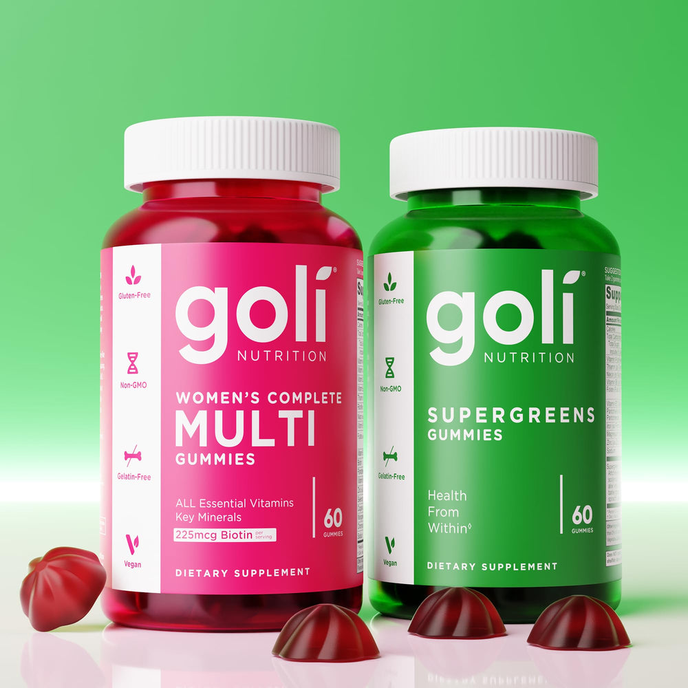 Goli Supergreens greens blend with kale and spirulina in colorful gummies.