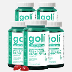 Goli Zero Sugar Pre Pro Postbiotic gummies bottle shows a clean label gut-friendly option.