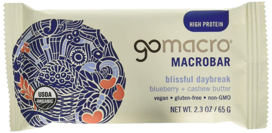 GoMacro blueberry cashew butter bar pack12 hero shot showing organic ingredients for on-the-go snacking