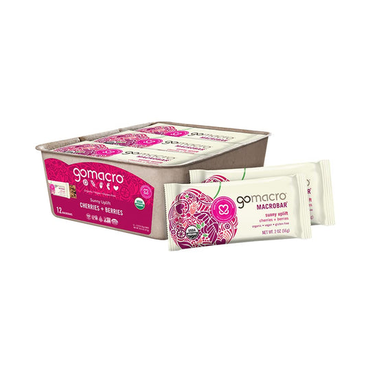 GoMacro Cherries + Berries MacroBar packaging close-up for convenient on-the-go snacking.