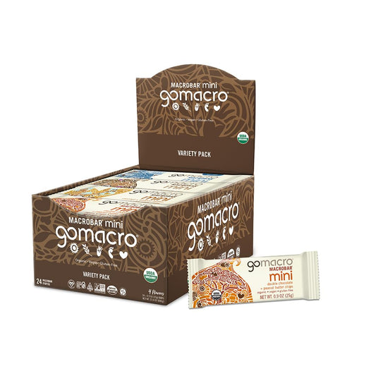GoMacro MacroBar Mini assortment pack, a convenient vegan protein snack for busy days.