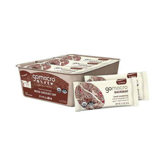 GoMacro MacroBar Mocha Chocolate Chip bar on the go, energizing caffeine pick-me-up.
