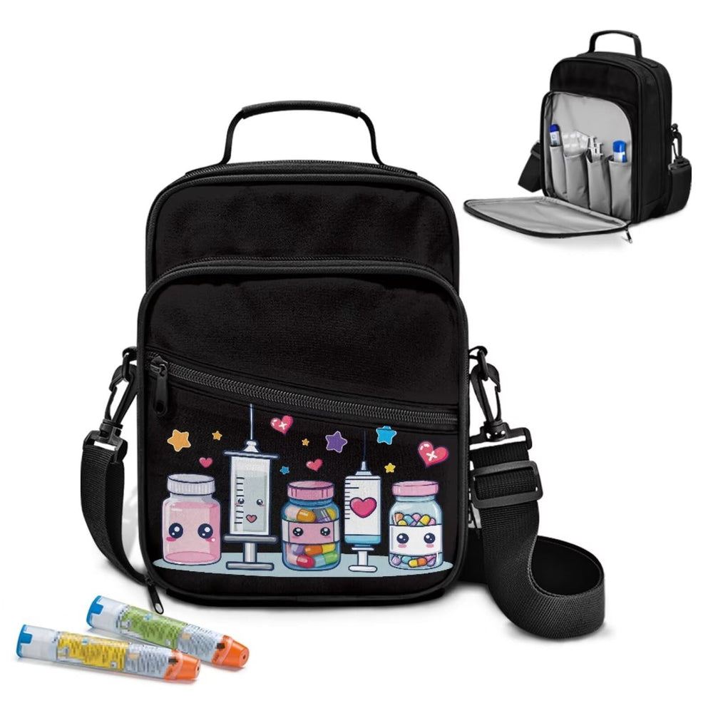 Gomyblomy black diabetic bag view highlights durable exterior and portable organization for on-the-go supplies.